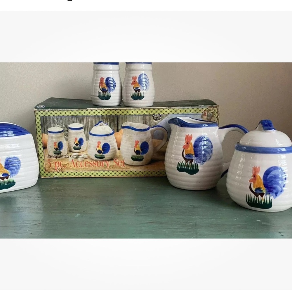 Vntg NIB ALCO Ceramic Countryside Rooster 5 Pc Dining Accessory Set